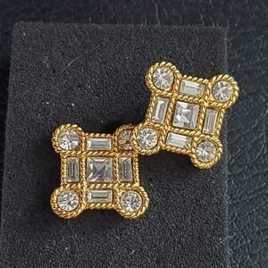 Napier Vintage Gold Tone Square Crystal Rhinestone Post Stud Earrings Geometric